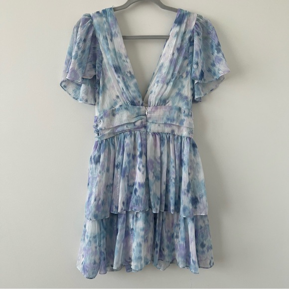 Sunny Evenings Blue Multi Lurex Flutter Sleeve Mini Dress Lulus medium - Picture 6 of 9